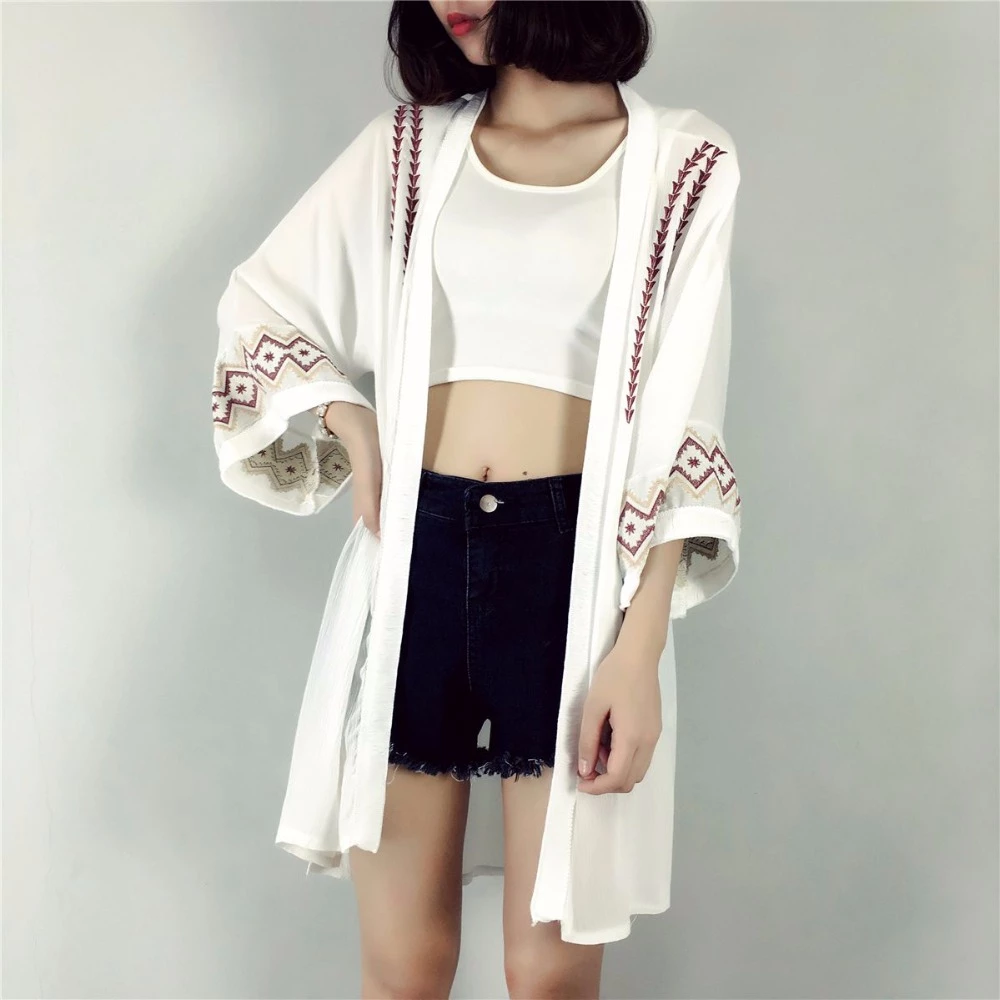 Cheshanf Embroidery Summer Cardigan Black White Kimono Cardigan Women Beach Loose Cardigan Hot Sale